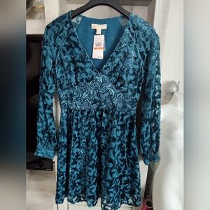 Michael Kors Teal Velvet Dress SZ Small Waist 15", Pit To Pit 19"